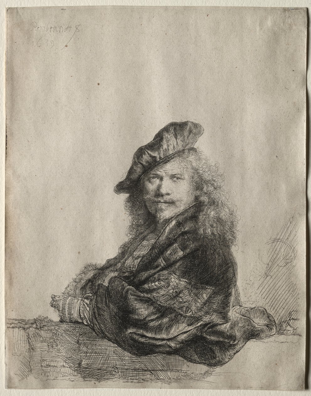 Selvportræt lænet på en stenkarm af Rembrandt van Rijn