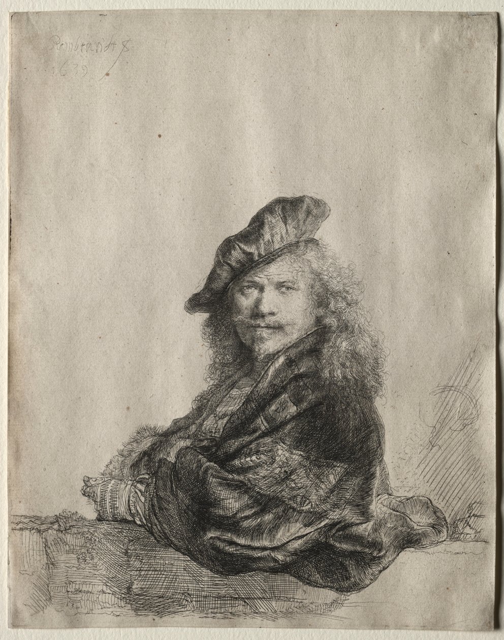Selvportræt lænet på en stenkarm, 1639. af Rembrandt van Rijn