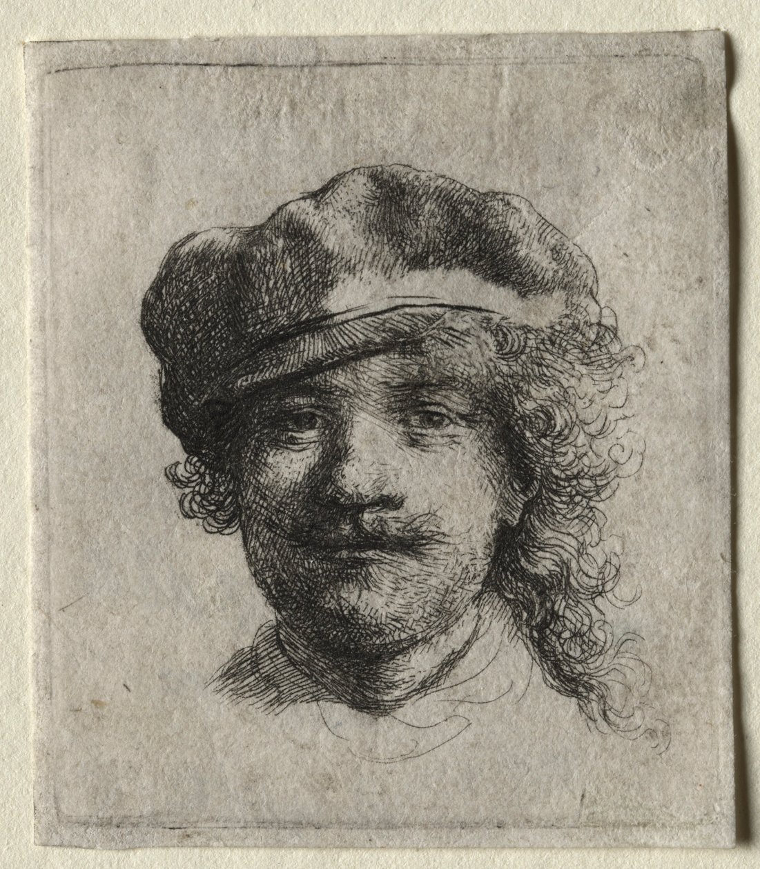 Selvportræt iført en blød kasket: Helt ansigt, kun hoved, ca. 1634. af Rembrandt van Rijn