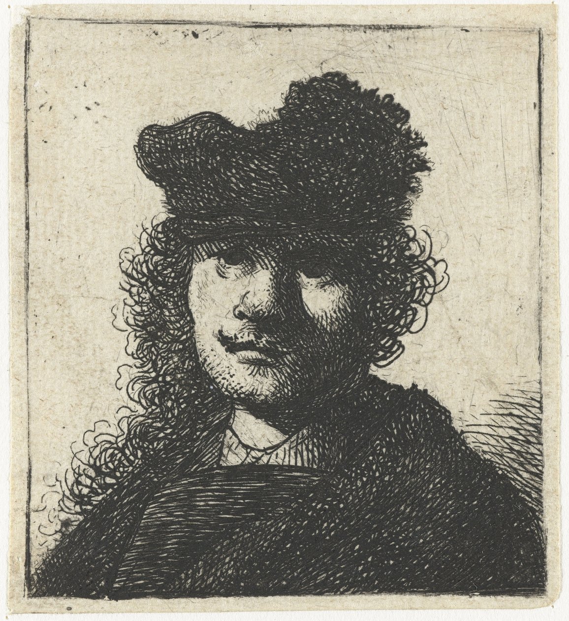 Selvportræt i kasket og mørk kappe: Buste, ca 1631. af Rembrandt van Rijn