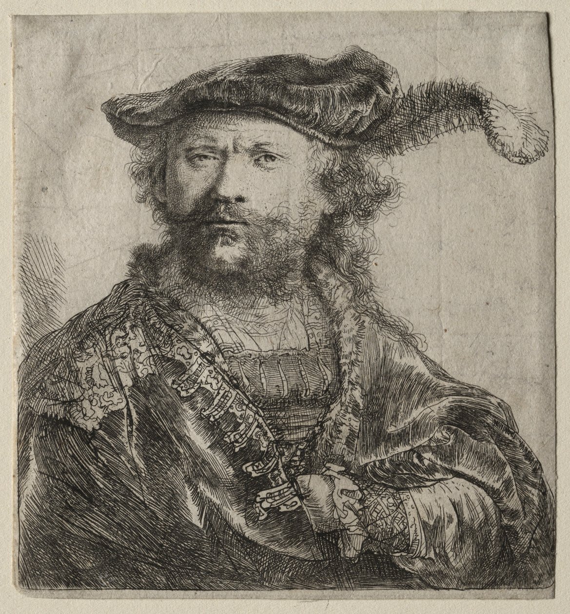 Selvportræt i fløjlshætte med fane, 1638. af Rembrandt van Rijn