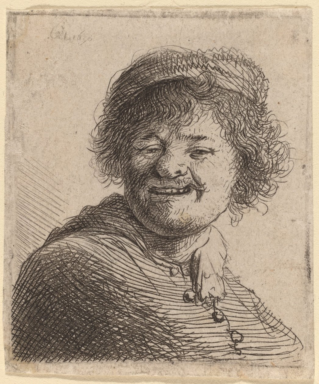 Selvportræt i kasket: griner af Rembrandt van Rijn