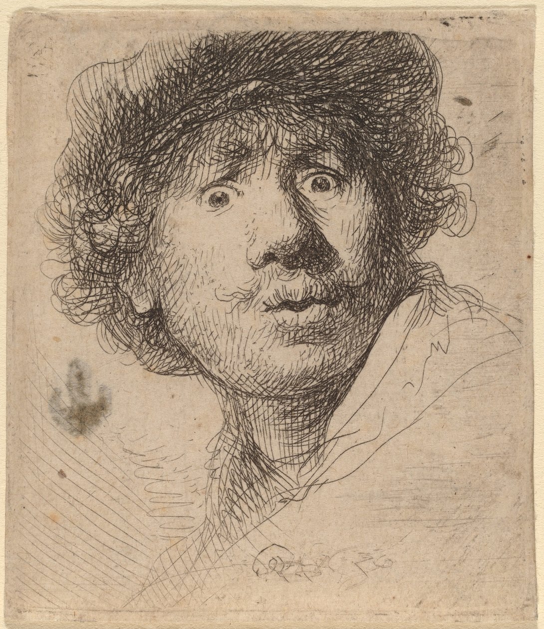 Selvportræt i kasket, åben mund af Rembrandt van Rijn