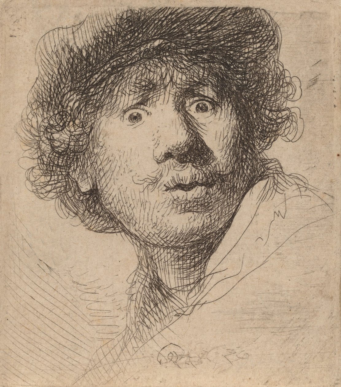 Selvportræt i kasket, åben mund, 1630. af Rembrandt van Rijn