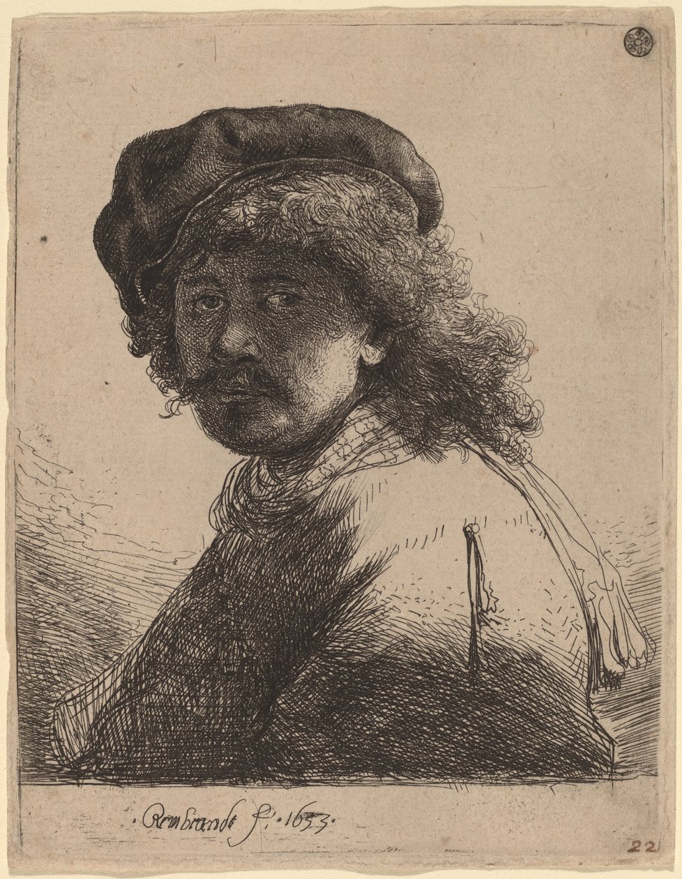 Selvportræt i kasket og tørklæde med ansigtet mørkt af Rembrandt van Rijn