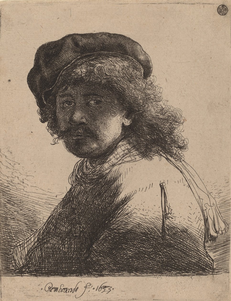 Selvportræt i kasket og tørklæde med ansigtet mørkt, 1633. af Rembrandt van Rijn