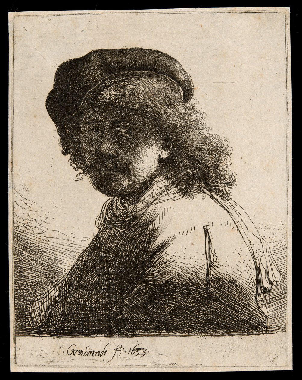 Selvportræt i kasket og tørklæde med ansigtet mørkt: Bust af Rembrandt van Rijn