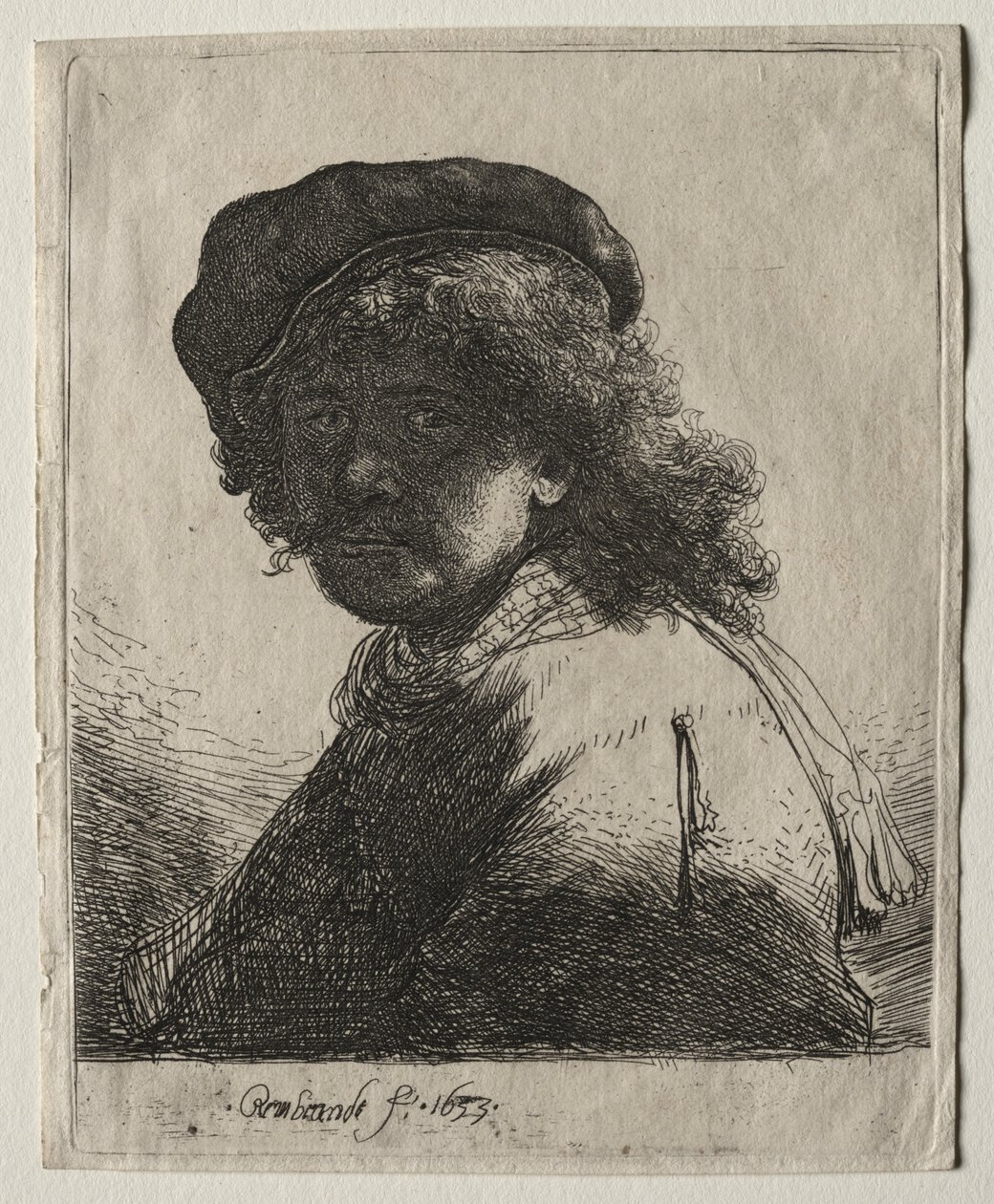 Selvportræt i kasket og tørklæde med ansigtet mørkt: Bust af Rembrandt van Rijn