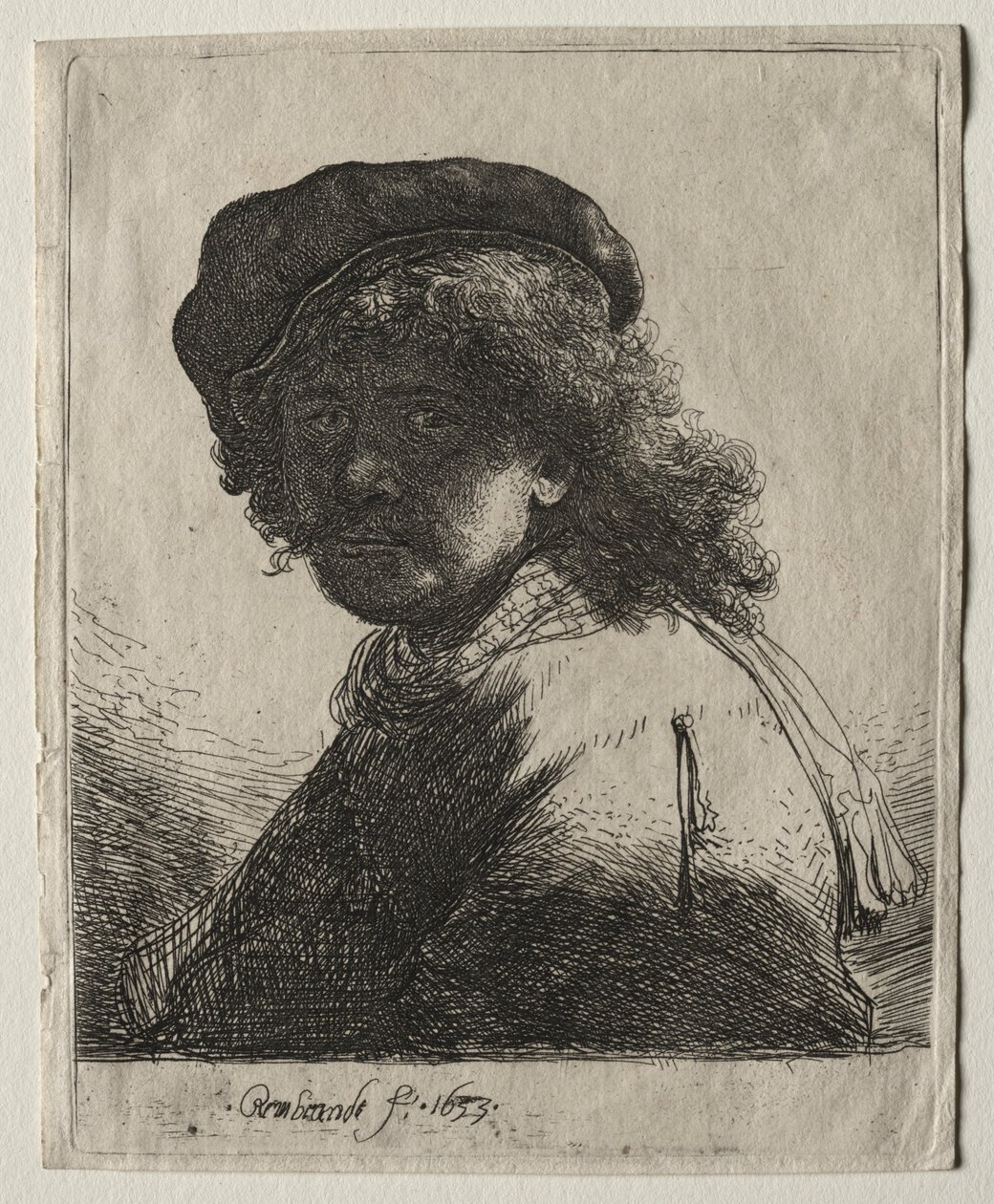 Selvportræt i kasket og tørklæde med ansigtet mørkt: Buste, 1633. af Rembrandt van Rijn