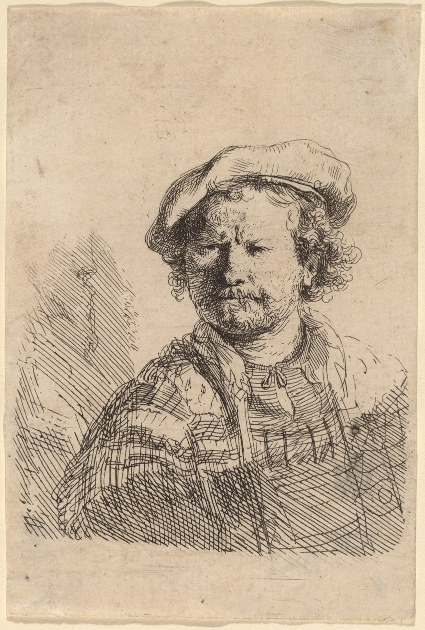 Selvportræt i flad kasket og broderet kjole af Rembrandt van Rijn