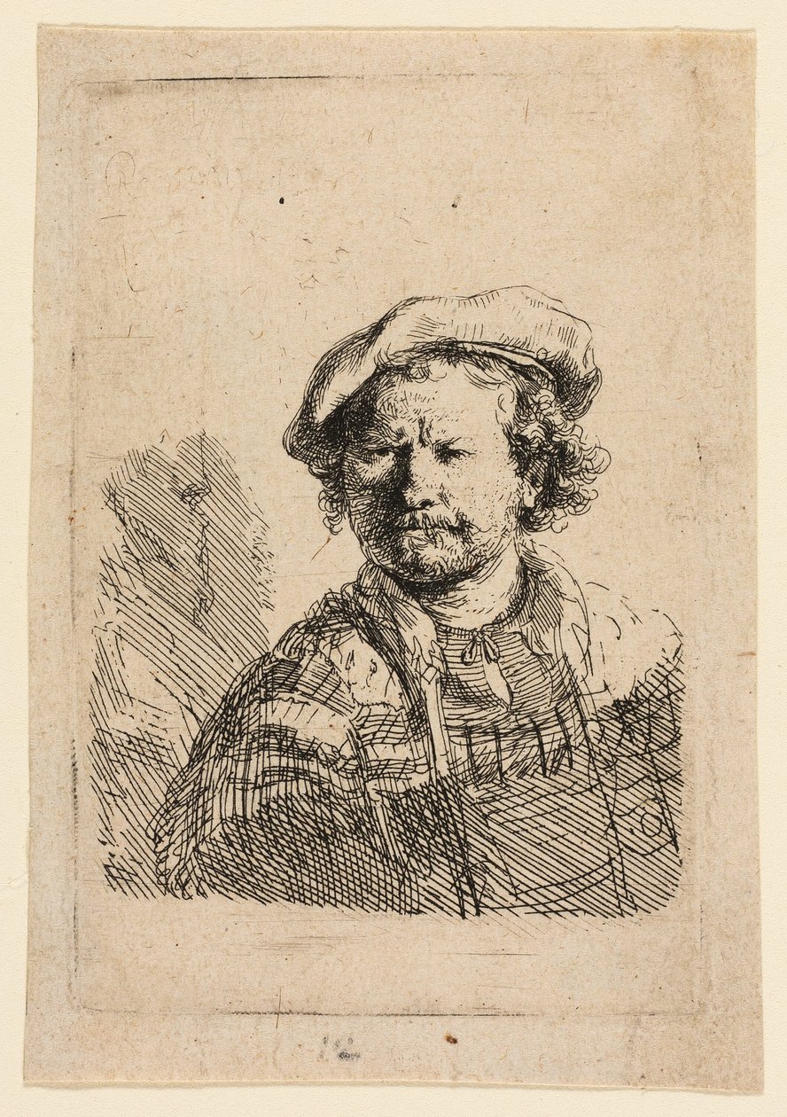 Selvportræt i flad kasket og broderet kjole af Rembrandt van Rijn