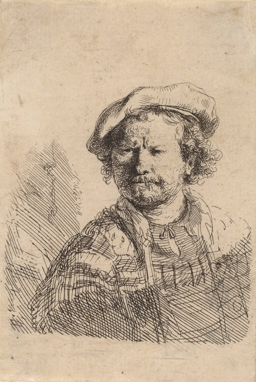 Selvportræt i flad kasket og broderet kjole, ca. 1642. af Rembrandt van Rijn