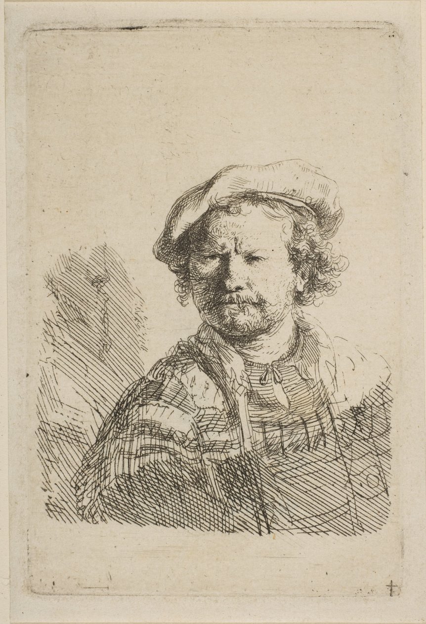 Selvportræt i flad kasket og broderet kjole, ca. 1642. af Rembrandt van Rijn