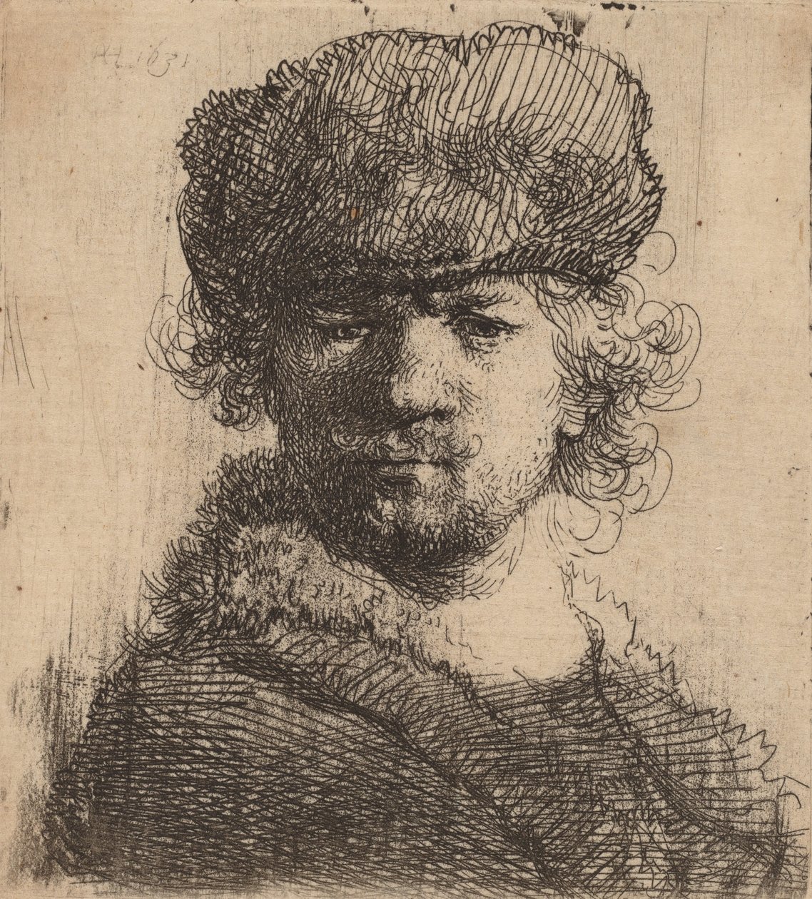 Selvportræt i en kraftig pelshue, 1631. af Rembrandt van Rijn