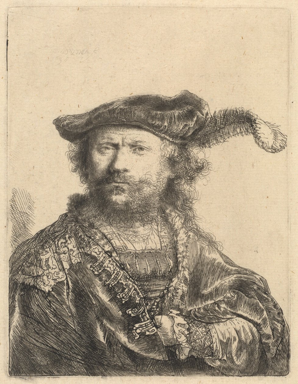 Selvportræt i fløjlskasket med fane af Rembrandt van Rijn