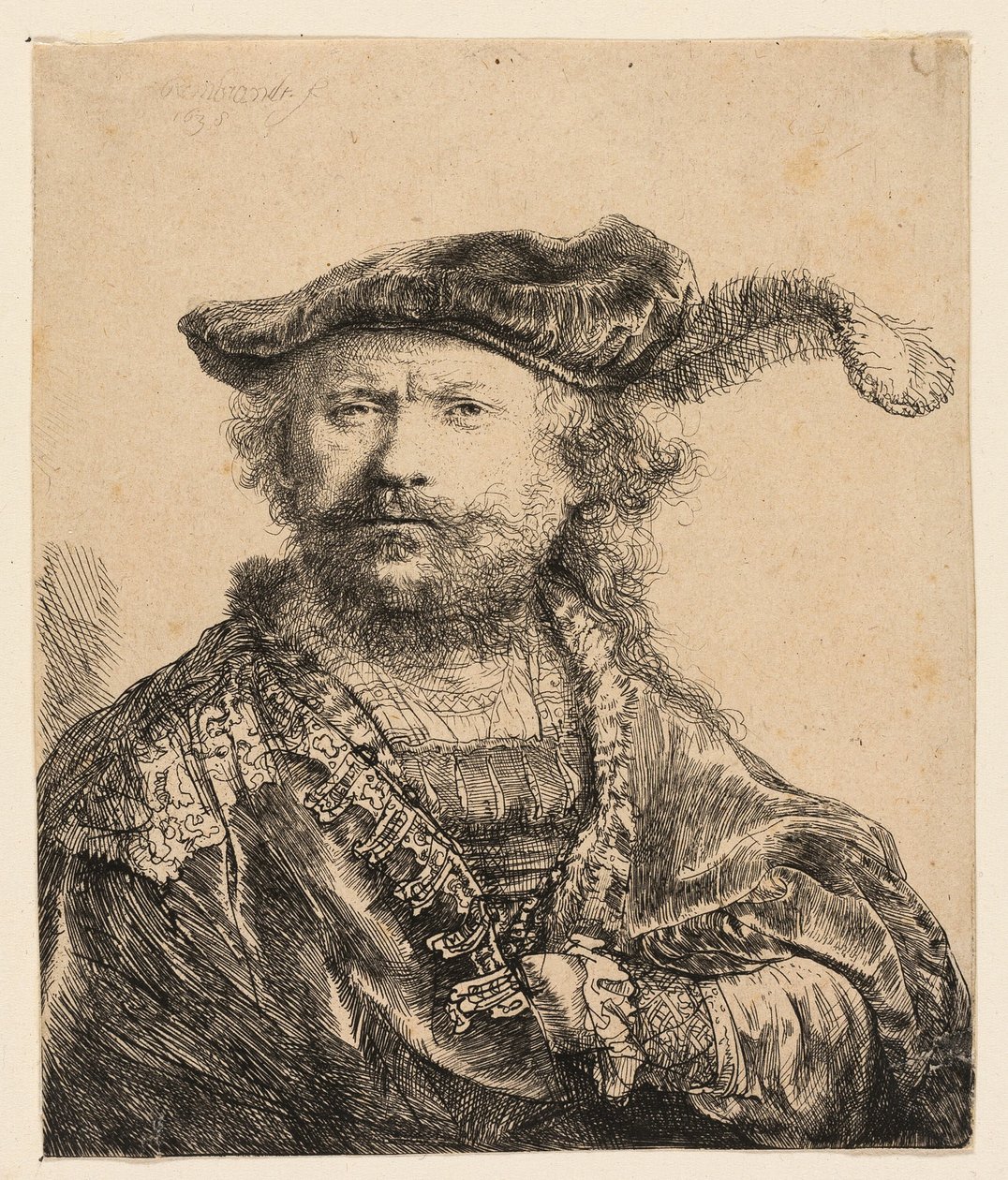 Selvportræt i fløjlskasket med fane af Rembrandt van Rijn
