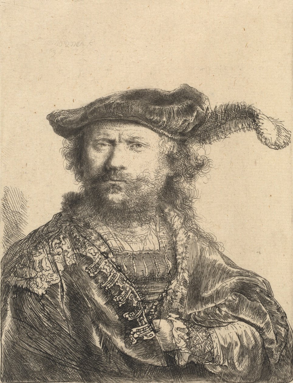 Selvportræt i fløjlskasket med fane, 1638. af Rembrandt van Rijn