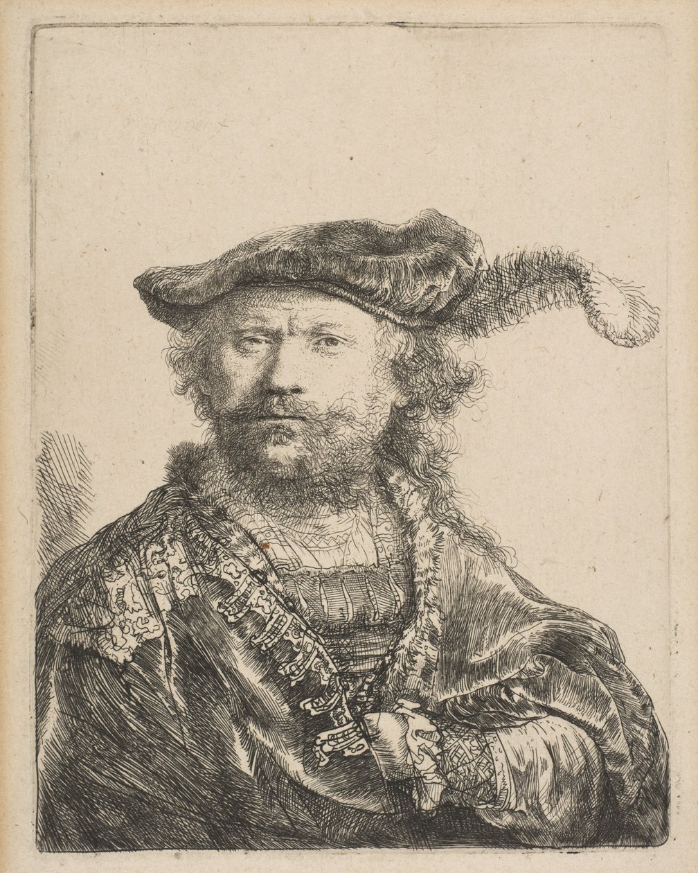 Selvportræt i fløjlskasket med fane, 1638. af Rembrandt van Rijn