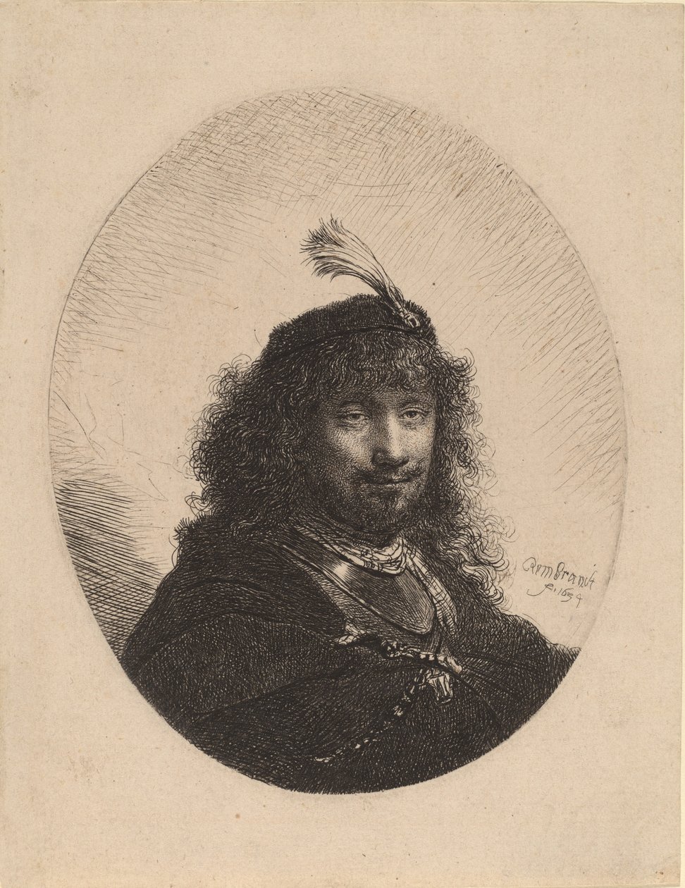 Selvportræt med plymeret hætte og sænket sabel, 1634. af Rembrandt van Rijn