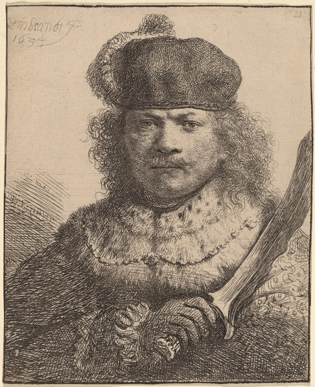 Selvportræt med hævet sabel af Rembrandt van Rijn