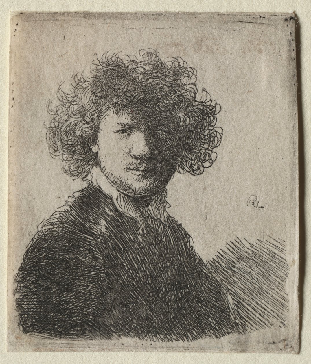 Selvportræt med krøllet hår og hvid krave: Buste, ca. 1630. af Rembrandt van Rijn