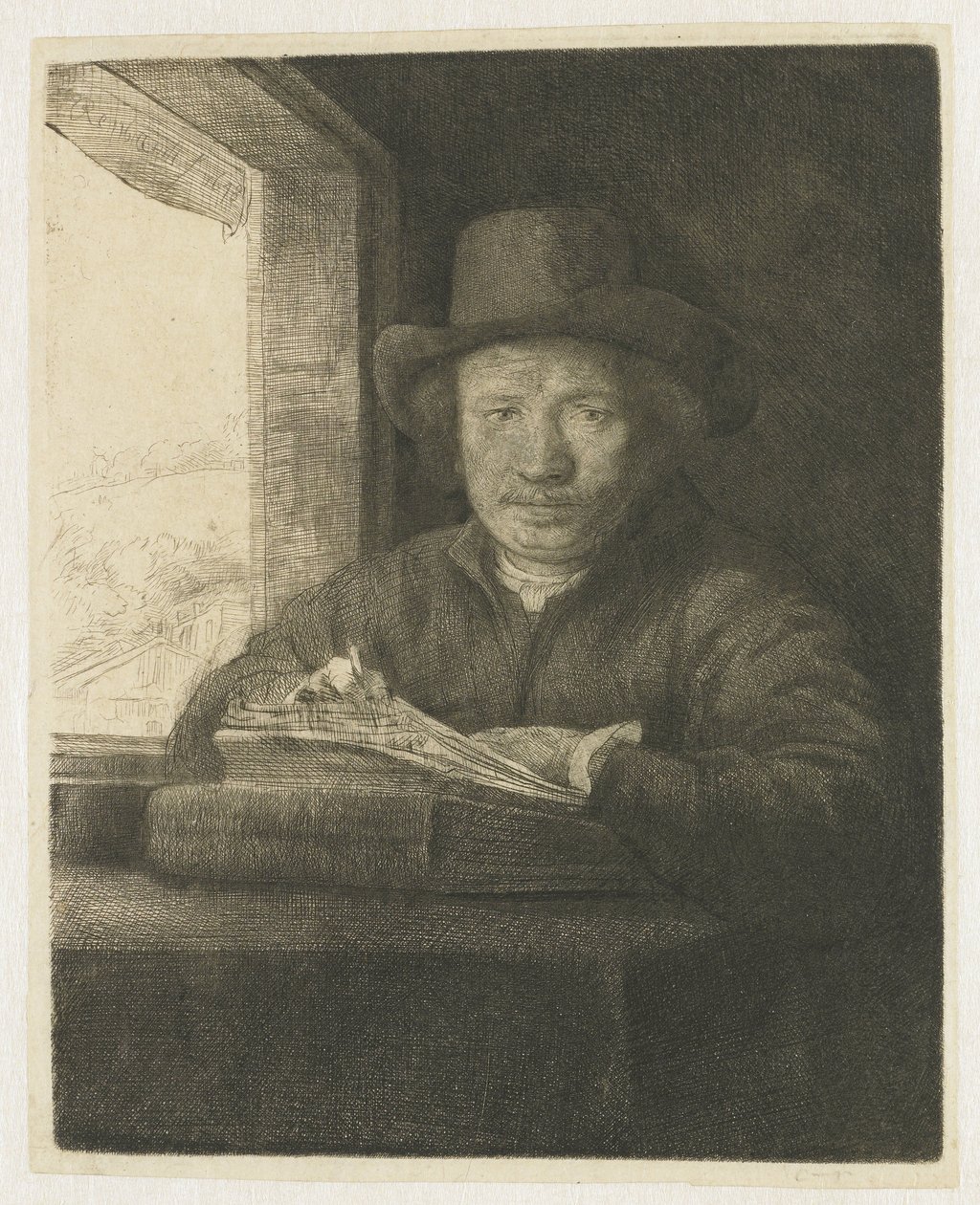 Selvportrætætsning ved et vindue af Rembrandt van Rijn