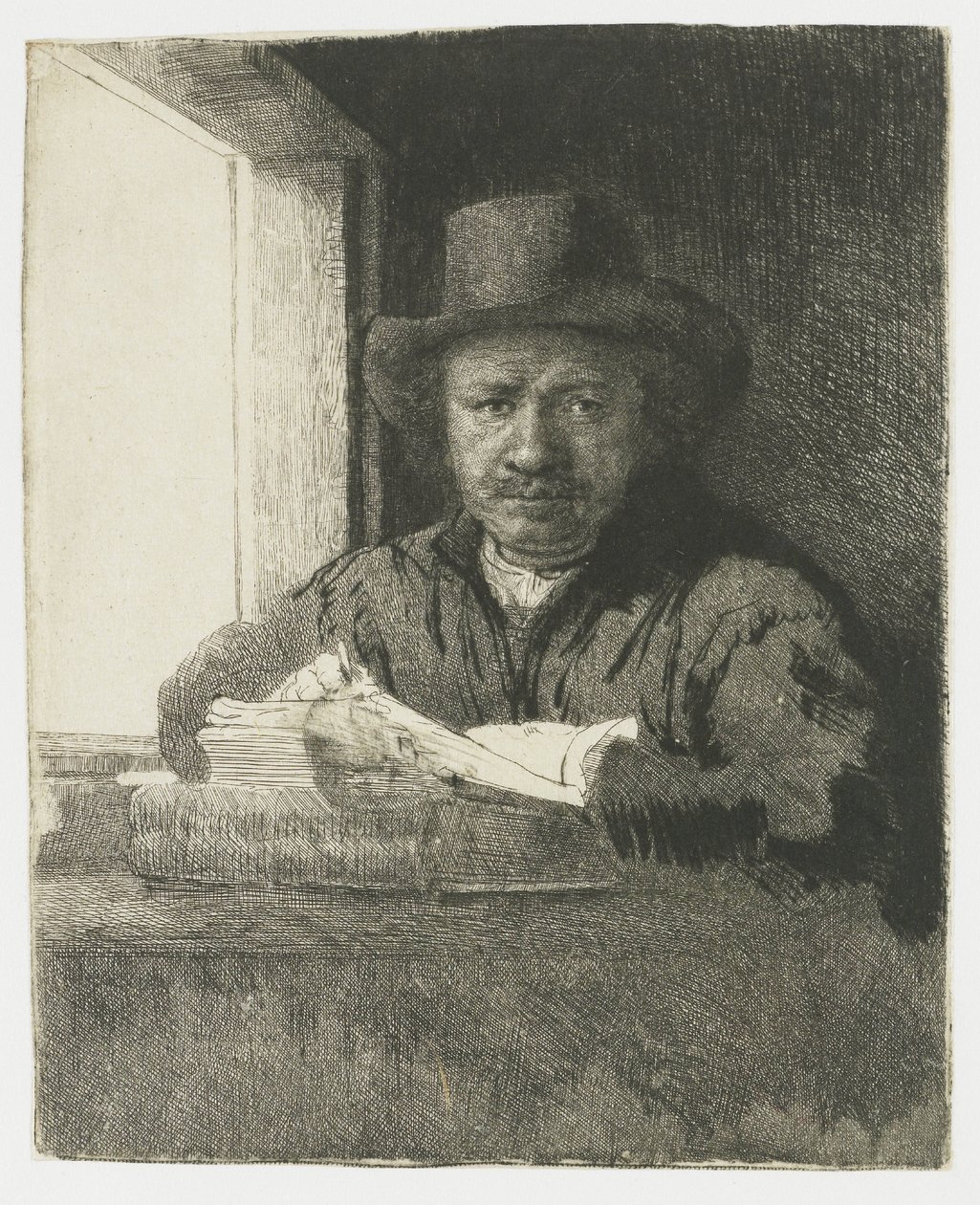 Selvportræt i radering ved et vindue af Rembrandt van Rijn