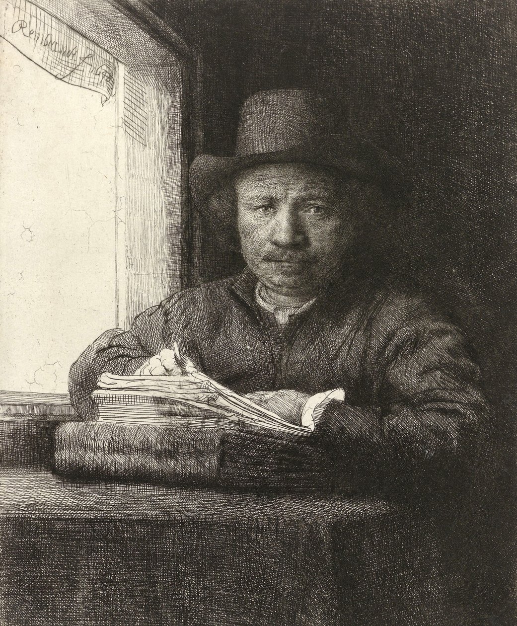 Selvportrætætsning ved et vindue, 1648 af Rembrandt van Rijn