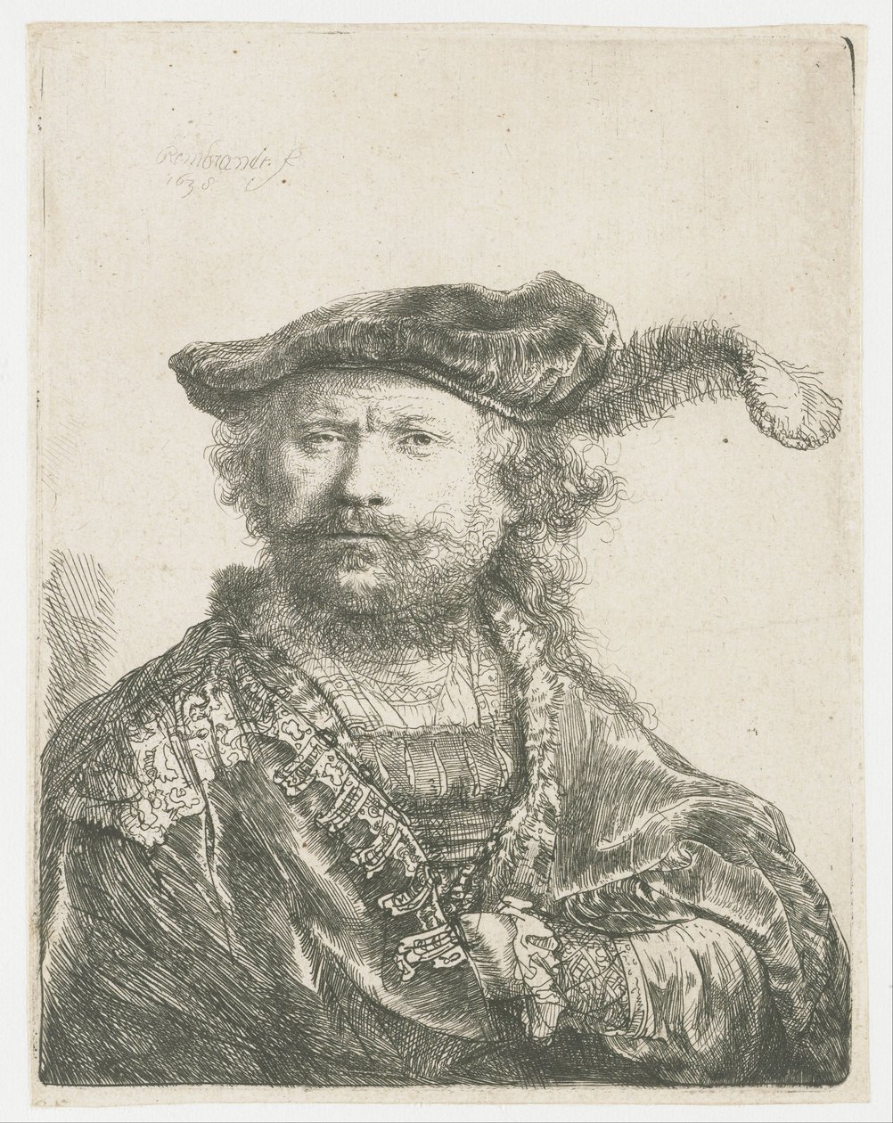 Selvportræt i fløjlskasket med fane Selvportræt i fløjlshue med fane af Rembrandt van Rijn