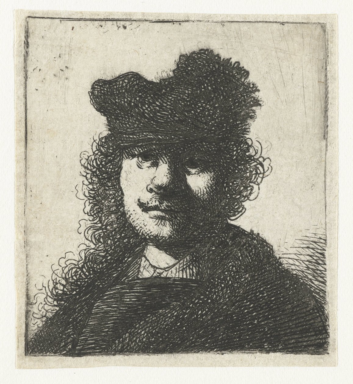 Selvportræt i kasket og mørk kappe: buste af Rembrandt van Rijn