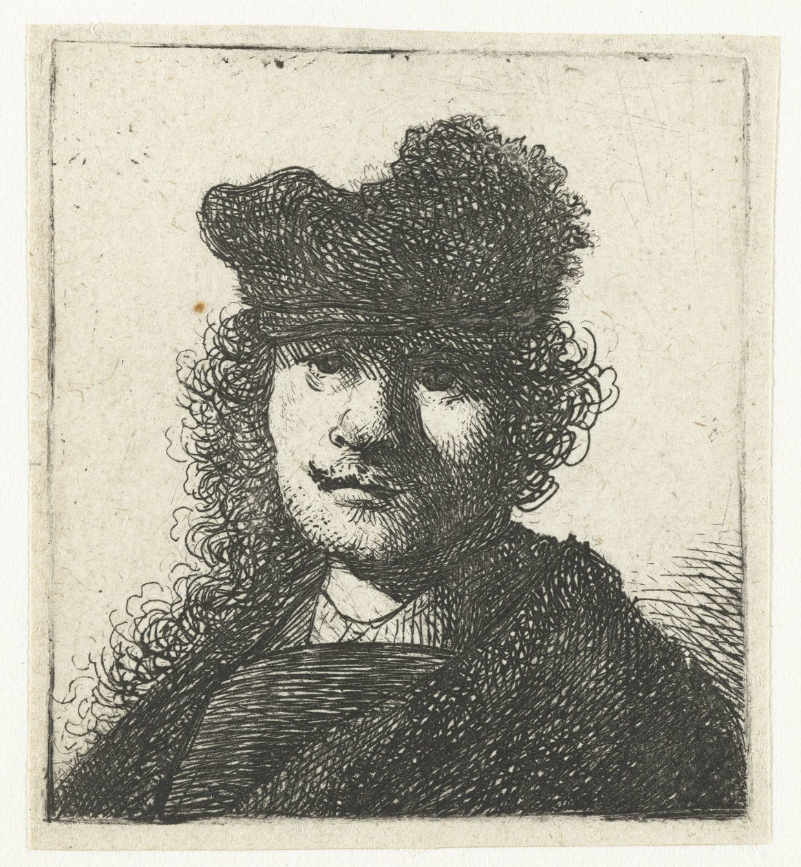 Selvportræt i kasket og mørk kappe: buste af Rembrandt van Rijn
