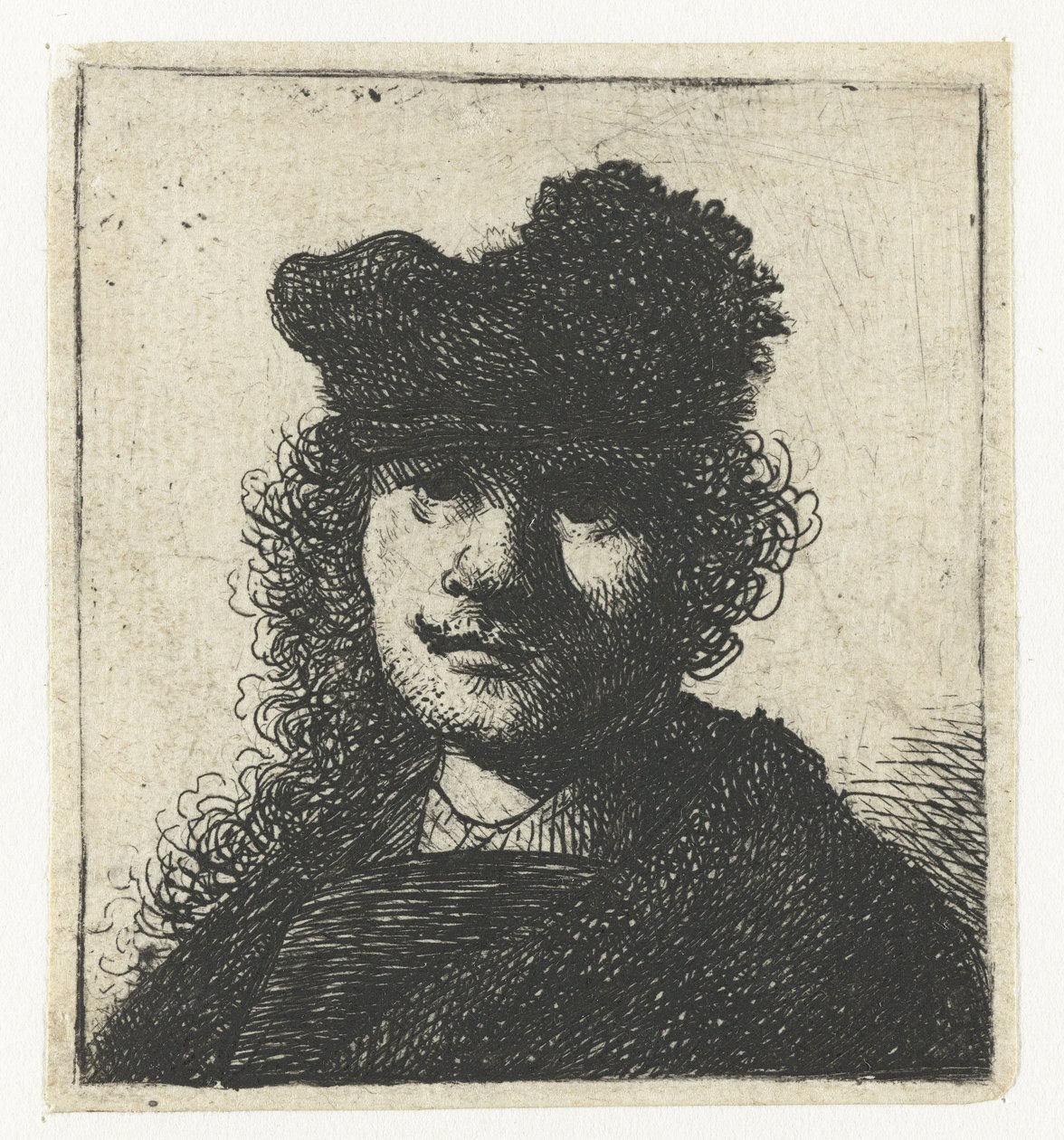 Selvportræt i kasket og mørk kappe: buste af Rembrandt van Rijn