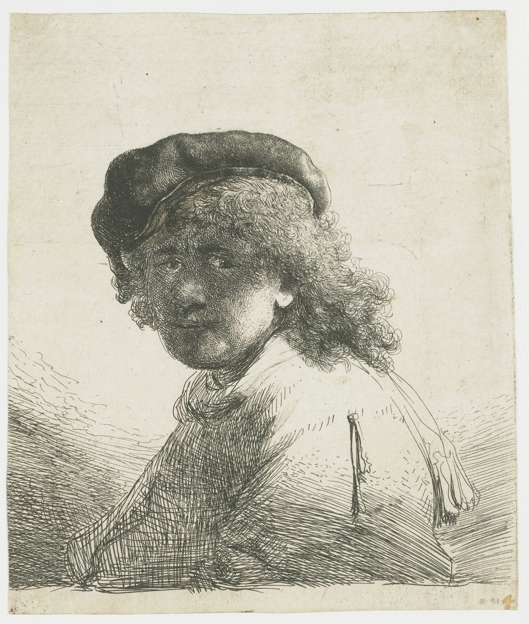 Selvportræt i kasket og tørklæde med ansigtet mørkt: buste af Rembrandt van Rijn