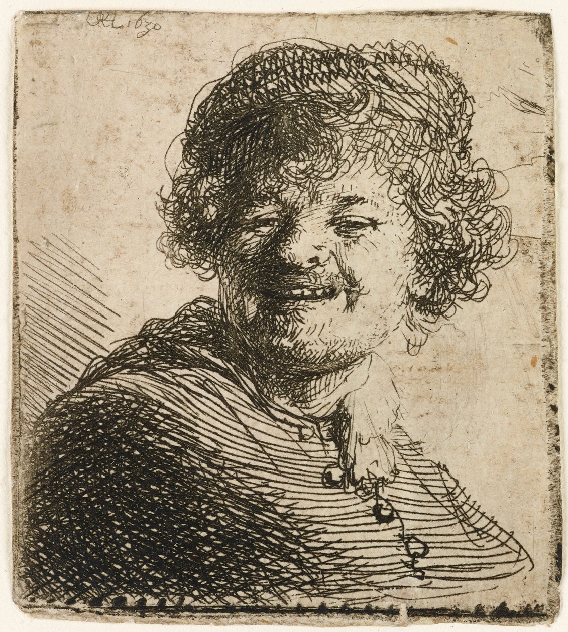 Selvportræt i kasket: grinende, 1630. af Rembrandt van Rijn