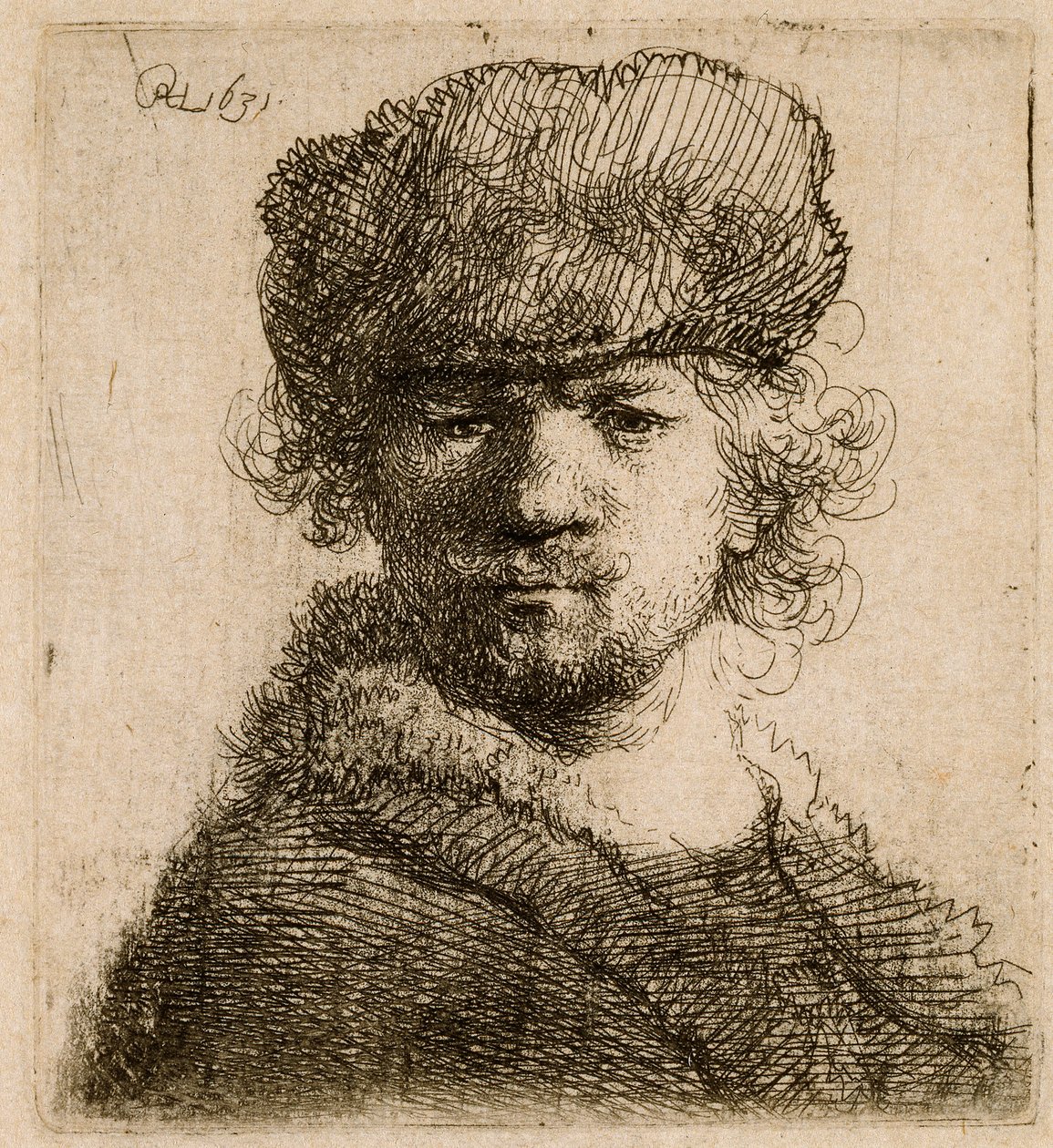 Selvportræt i en kraftig pelshue: buste, 1631. af Rembrandt van Rijn