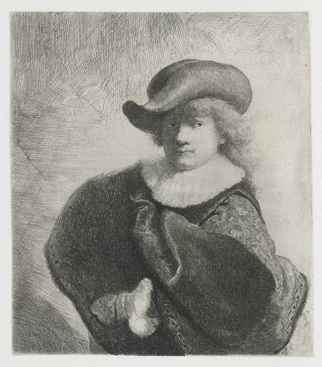 Selvportræt i blød hat og mønstret kappe af Rembrandt van Rijn