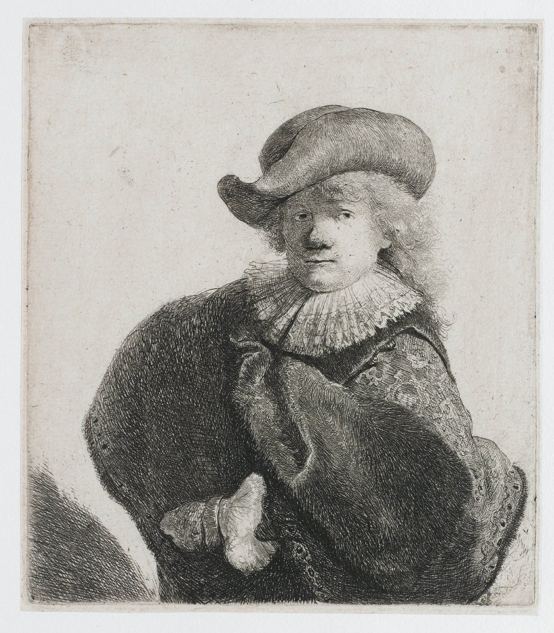 Selvportræt med blød hat og mønstret kappe af Rembrandt van Rijn