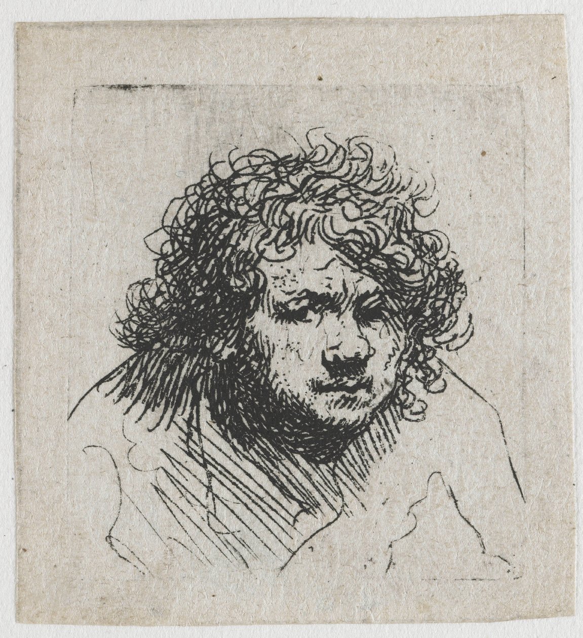 Selvportræt, hvor modellen læner sig fremad: brystbillede af Rembrandt van Rijn