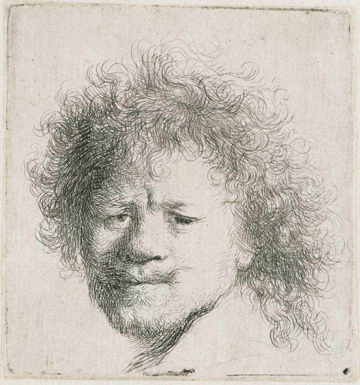 Selvportræt med langt, fyldigt hår: kun hovedet af Rembrandt van Rijn