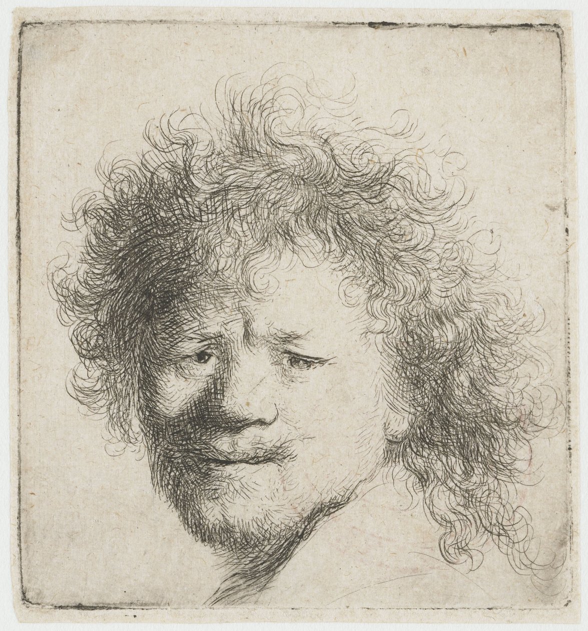 Selvportræt med langt, fyldigt hår: kun hovedet af Rembrandt van Rijn