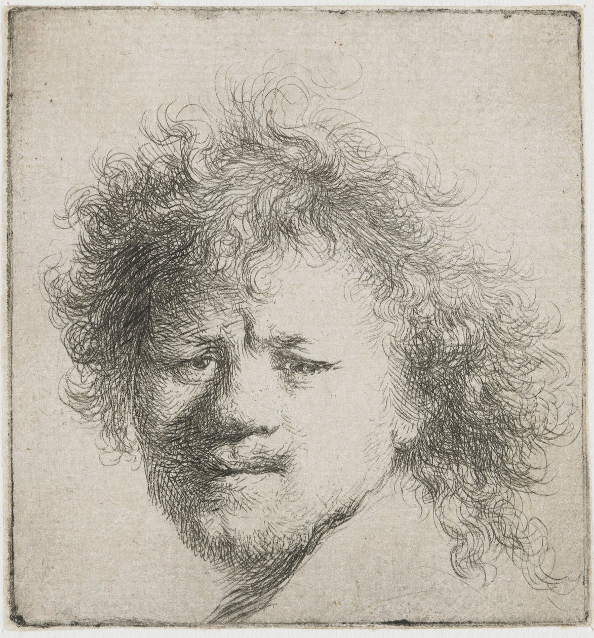 Selvportræt med langt busket hår: kun hoved, ca 1631. af Rembrandt van Rijn