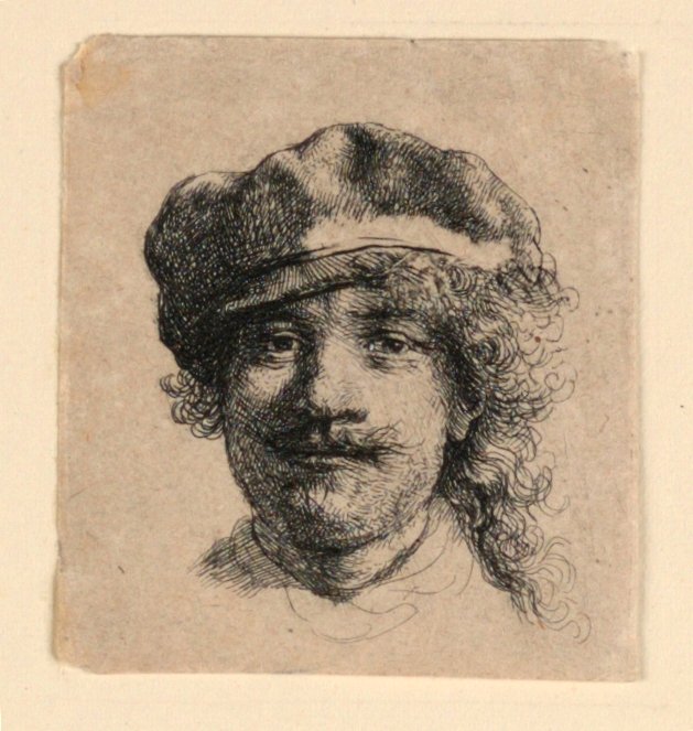 Selvportræt iført en blød kasket: Helt ansigt, kun hoved af Rembrandt van Rijn