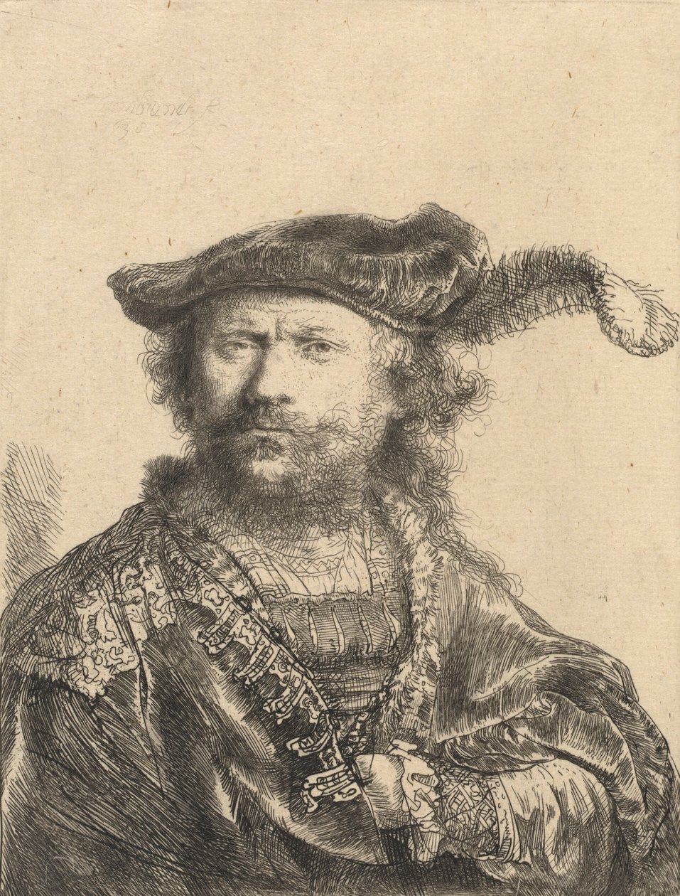 Selvportræt i fløjlskasket med fane, 1638 af Rembrandt van Rijn