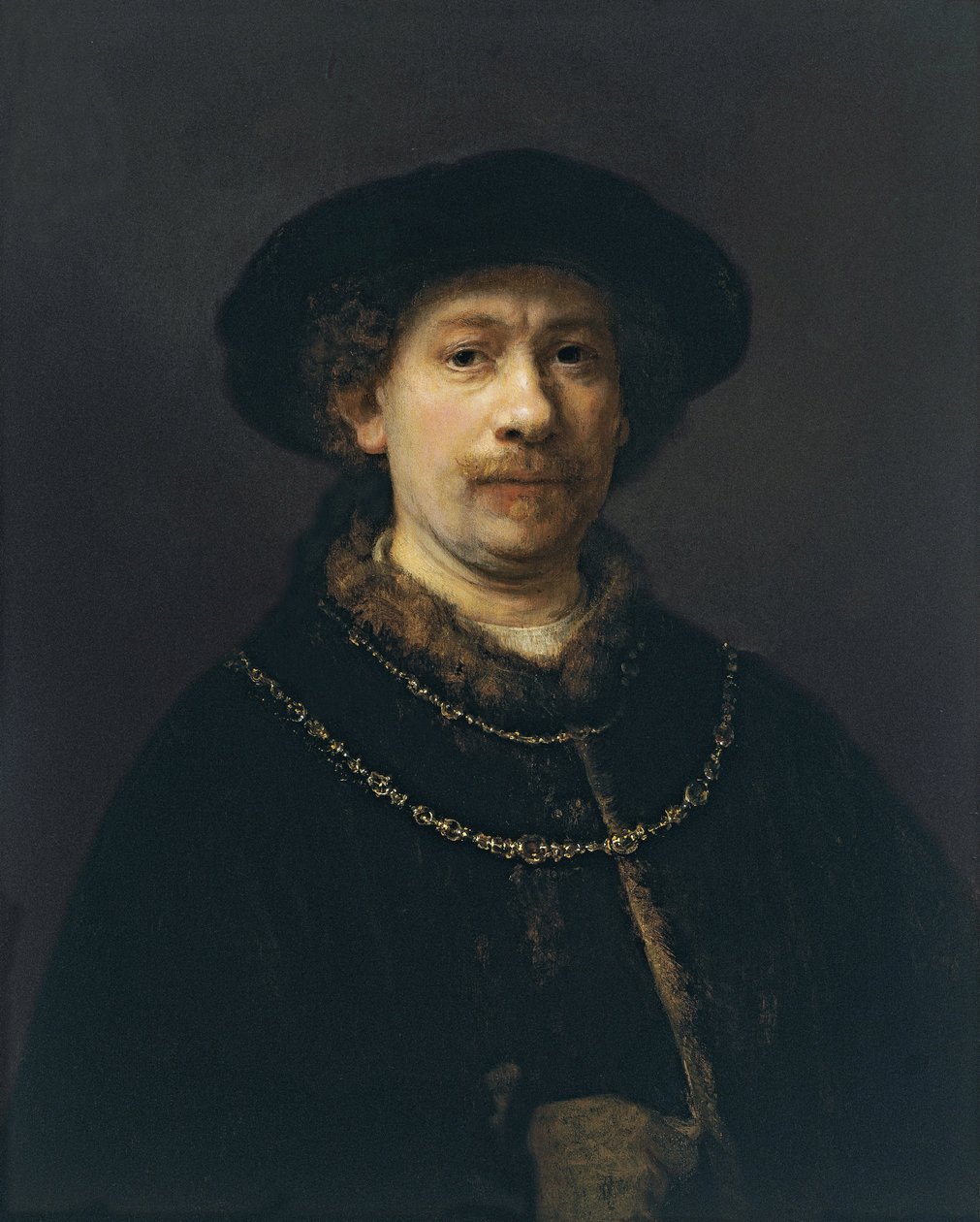Selvportræt med baret og to guldkæder, ca 1642 af Rembrandt van Rijn