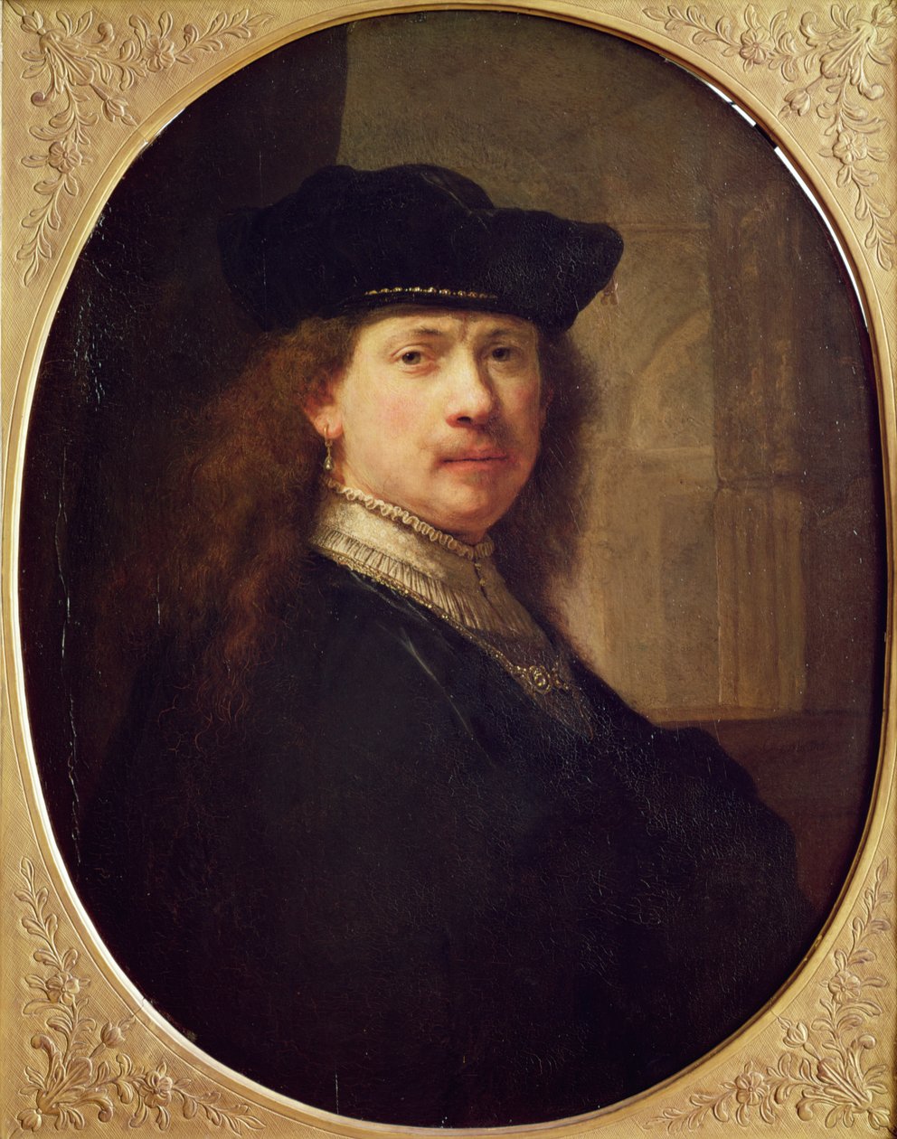 Selvportræt med hat med arkitektur i baggrunden, 1637 (olie på træ) af Rembrandt van Rijn