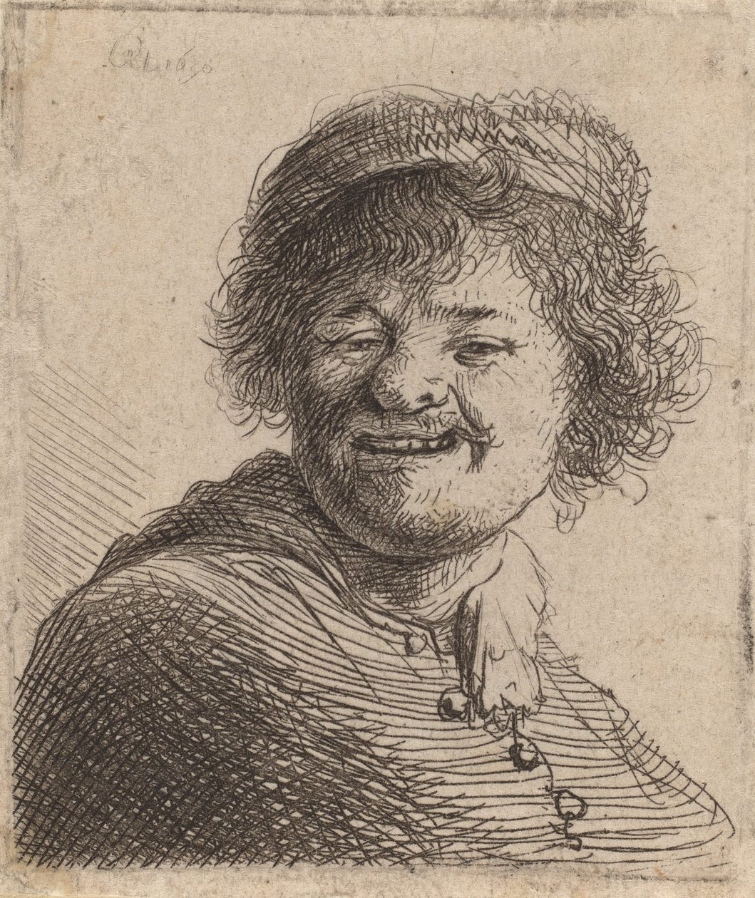 Selvportræt i en kasket, der griner, 1630 af Rembrandt van Rijn