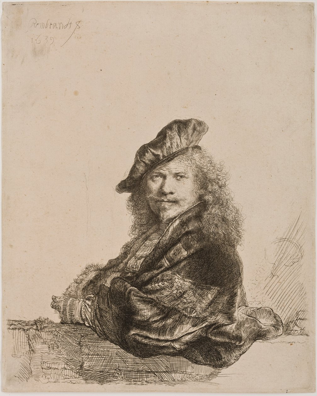 Selvportræt lænet på en vindueskarm, 1639 (ætsning og tørnål) af Rembrandt van Rijn