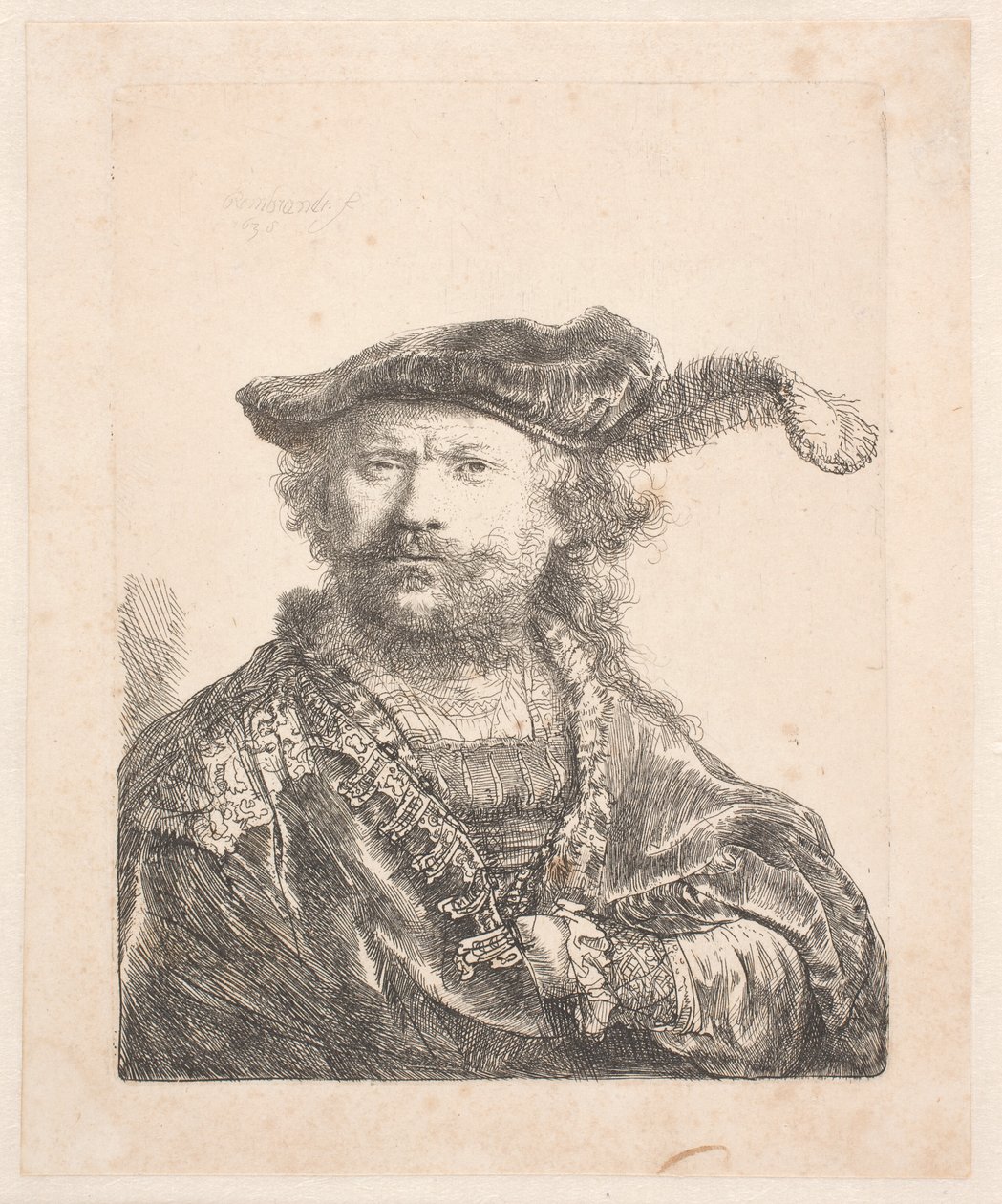 Selvportræt i fløjlshue og fane, med en broderet kjole: buste af Rembrandt van Rijn