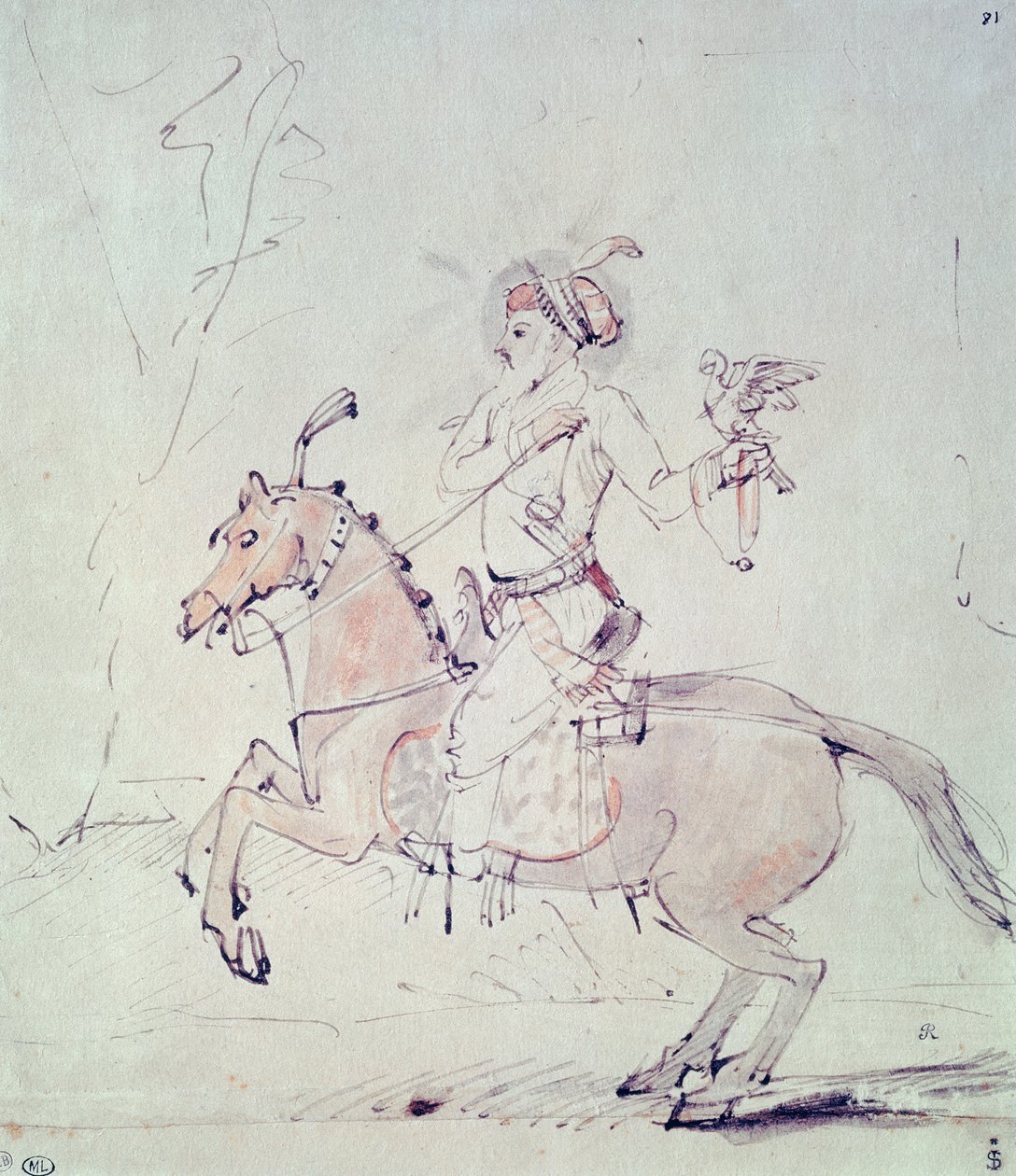 Shah Jehan med falk til hest (pen og blæk og wc på papir) af Rembrandt van Rijn