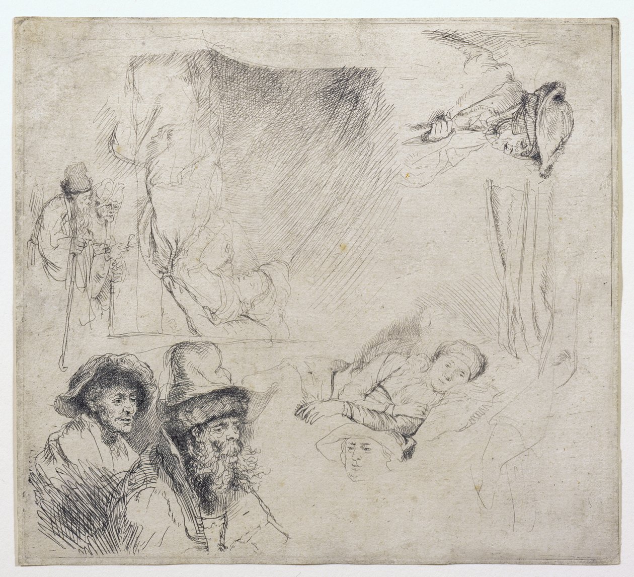 Studieark (med en kvinde liggende syg i sengen) af Rembrandt van Rijn